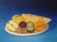 Frutas sobre fondo azul